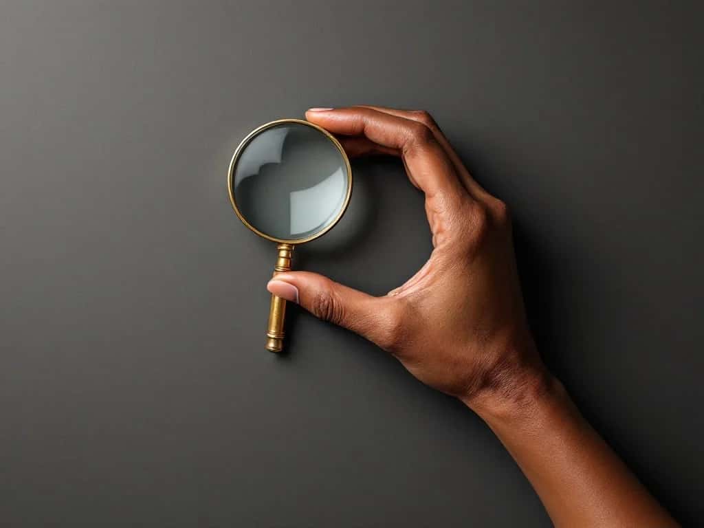 Overhead flat-lay of a hand holding a vintage brass magnifying glass over an editorial surface, metaphor for identifying inactive subscribers. Cover for the Aldo retail email reactivation case study.