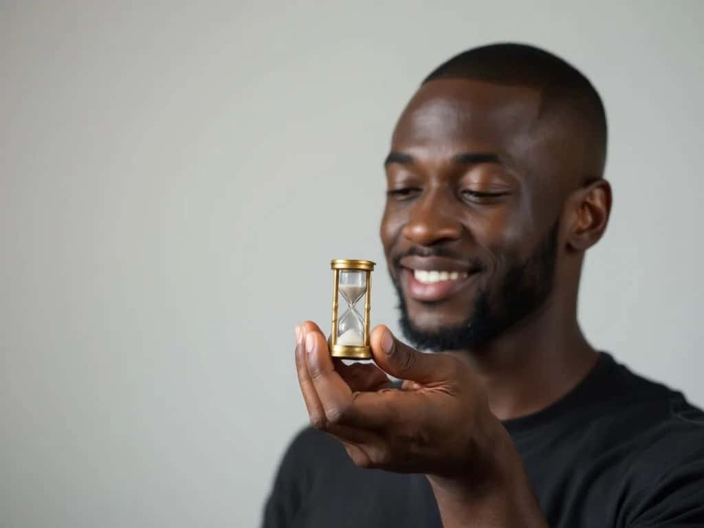 Hand holding a brass hourglass against a charcoal backdrop, metaphor for send-time strategy. Cover for the Block & Chisel campaign-performance case study.