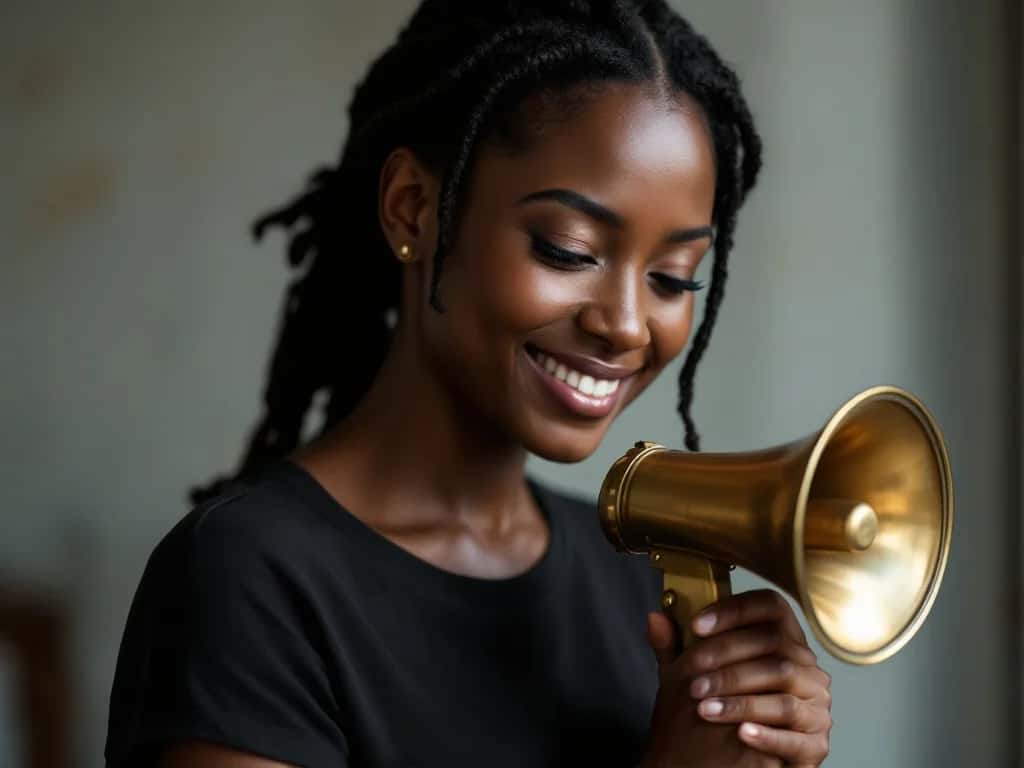 Hand holding a small vintage brass megaphone, metaphor for WhatsApp as a deliberate, amplifying business channel rather than a reactive support tool. Cover for the WhatsApp strategy perspective piece.